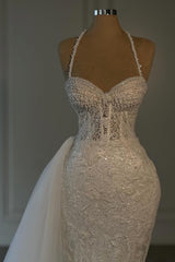 Glitter Halter Sweetheart Mermaid Long Lace Wedding Dresses with Beads