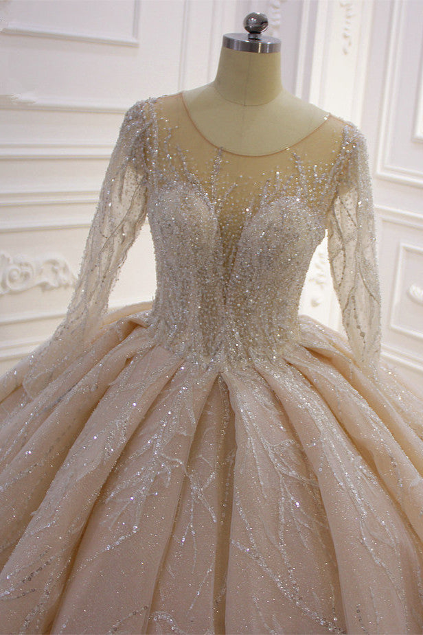Gorgeous Bateau Long Sleeve Ruffles Floor Length Ball Gown Wedding Dress
