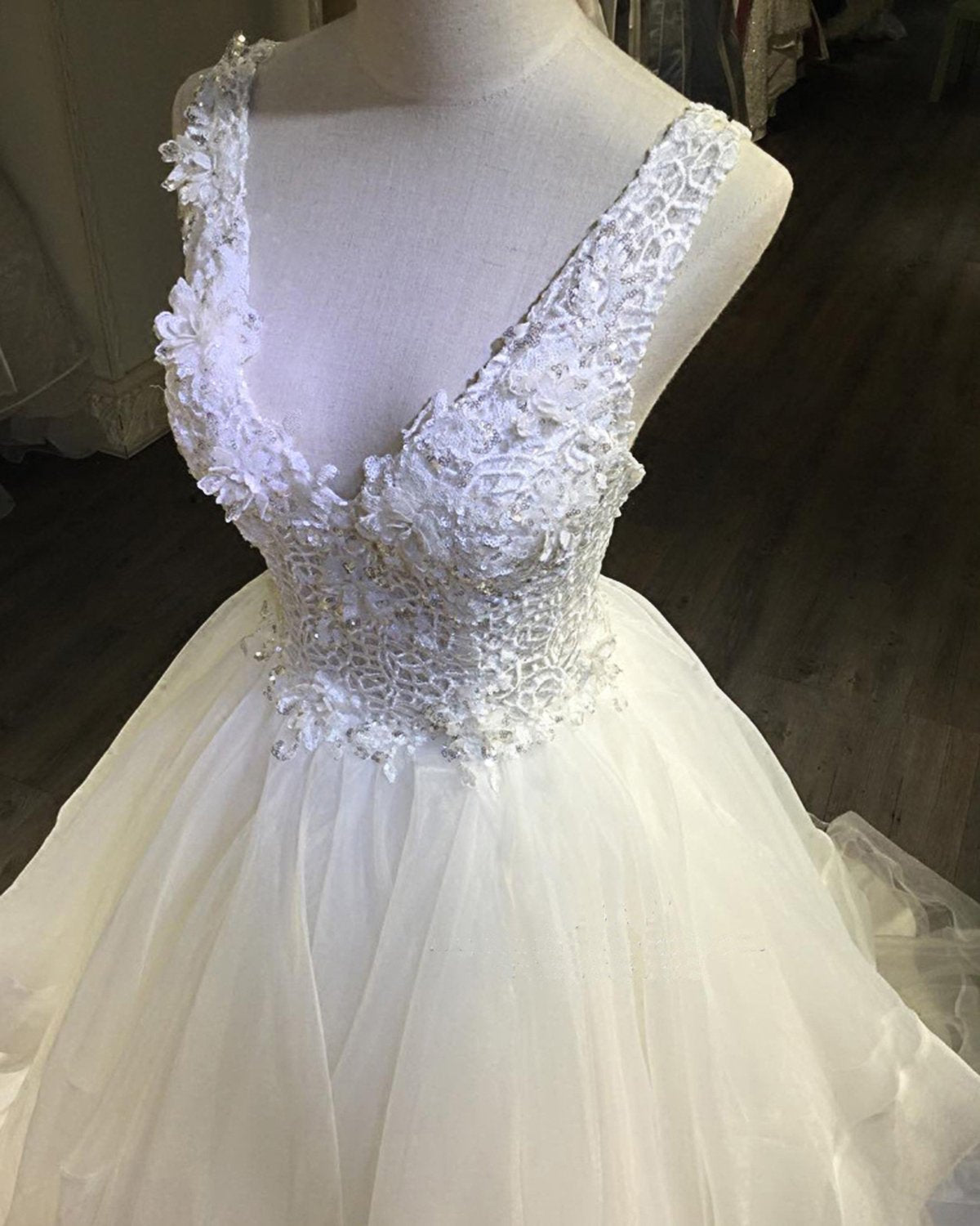 White A-line V-neck Lace Open Back Long Layered Wedding Dress