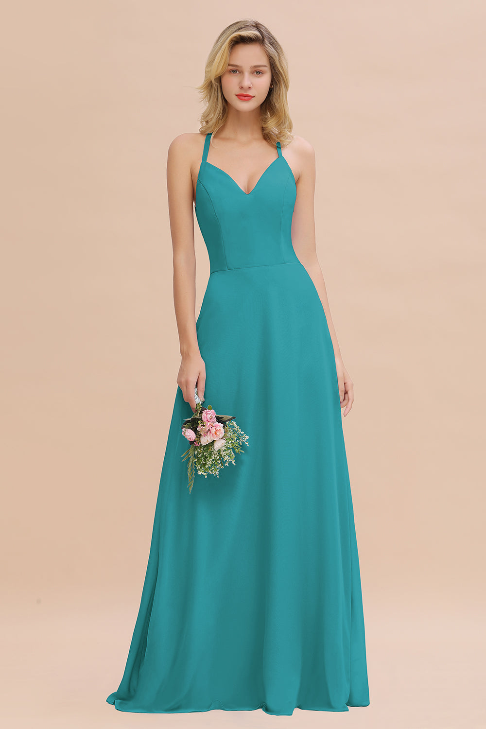 Stylish Chiffon Spaghetti Straps Sleeveless Long Bridesmaid Dress