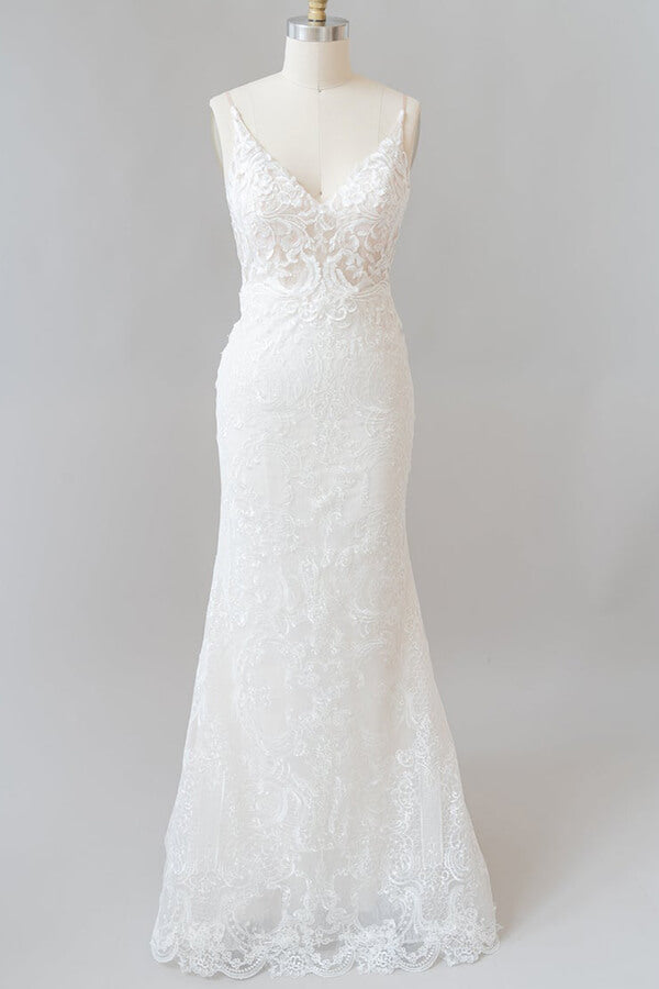 Elegant Long Mermaid Appliques Lace V-neck Chiffon Wedding Dress