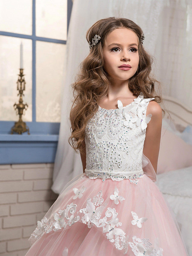 Princess Pageant Lace Tulle Sleeveless Jewel Neck Flower Girl Dresses