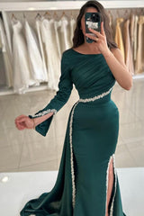 Mermaid One Shoulder Long Sleeve Formal Dress with Side Split
