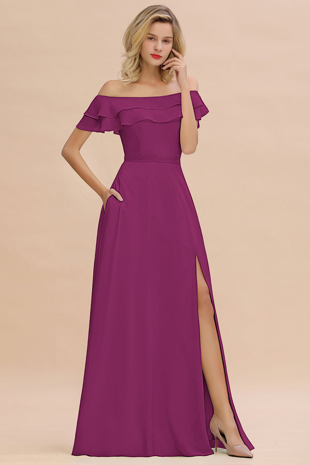 Off the Shoulder Front Slit Mint Green Long Bridesmaid Dress