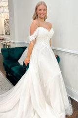 Tulle Sweetheart A-line Off the Shoulder Floor Length Wedding Dress with Appliques Lace