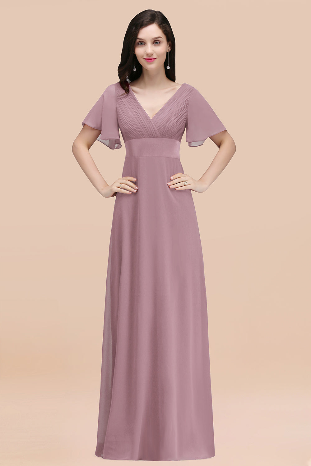 Simple A-Line Chiffon V-Neck Short Sleeves Ruffles Floor Length Bridesmaid Dresses