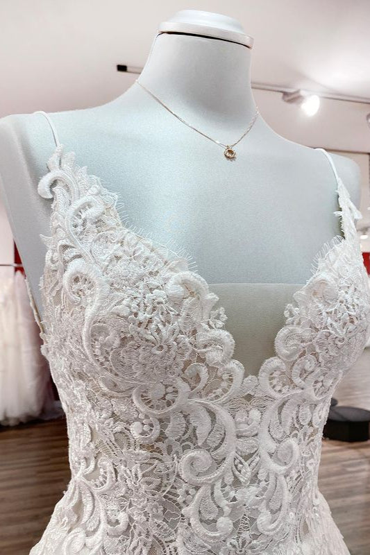 Classy Long A-line Tulle V Neck Sleeveless Ruffles Wedding Dress With Lace