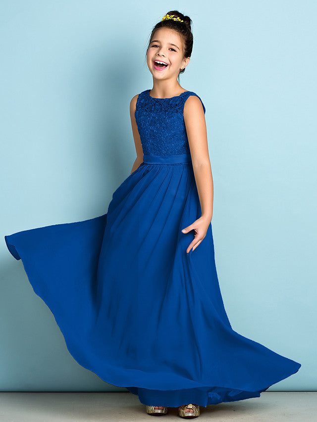 Long A-Line Scoop Neck Floor Length Chiffon Lace Junior Bridesmaid Dress