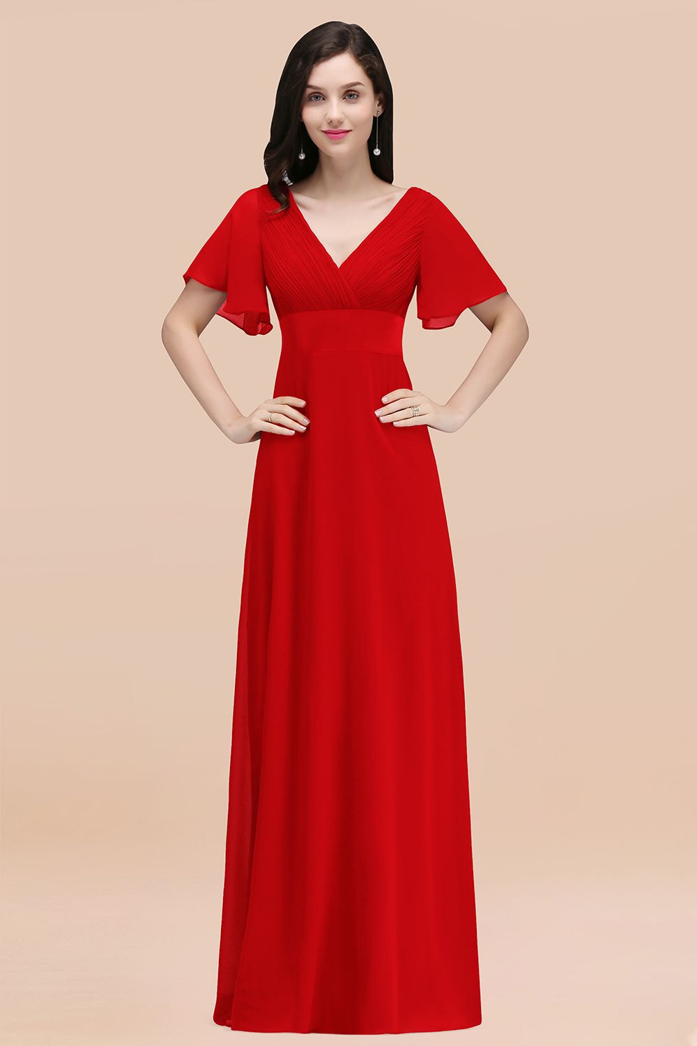 Simple A-Line Chiffon V-Neck Short Sleeves Ruffles Floor Length Bridesmaid Dresses