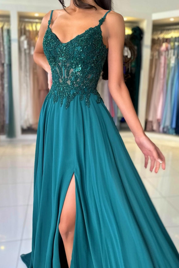 Elegant Long A-line Spaghetti Straps V-neck Chiffon Prom Dress with Silt