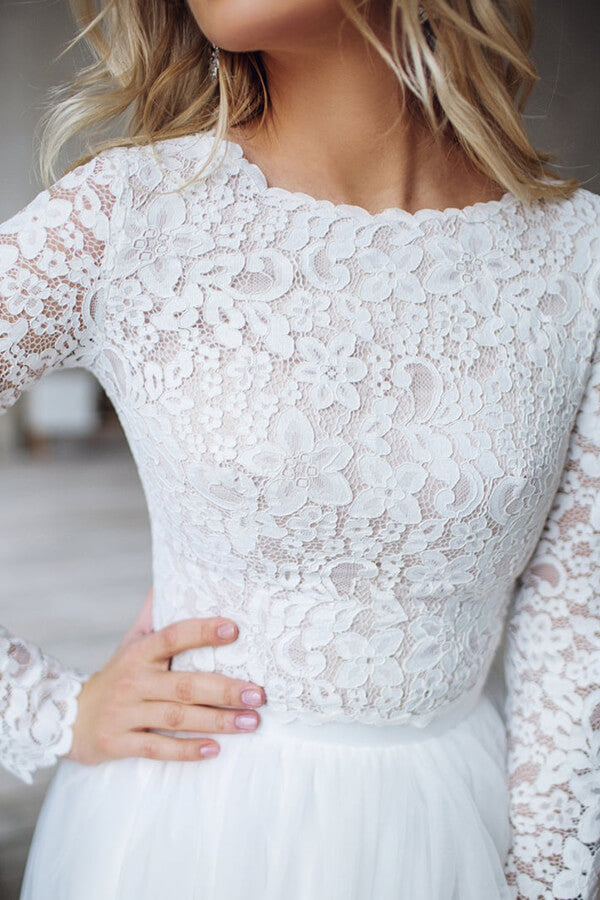 Long A-line Lace Chiffon Two Piece Wedding Dress with Sleeves