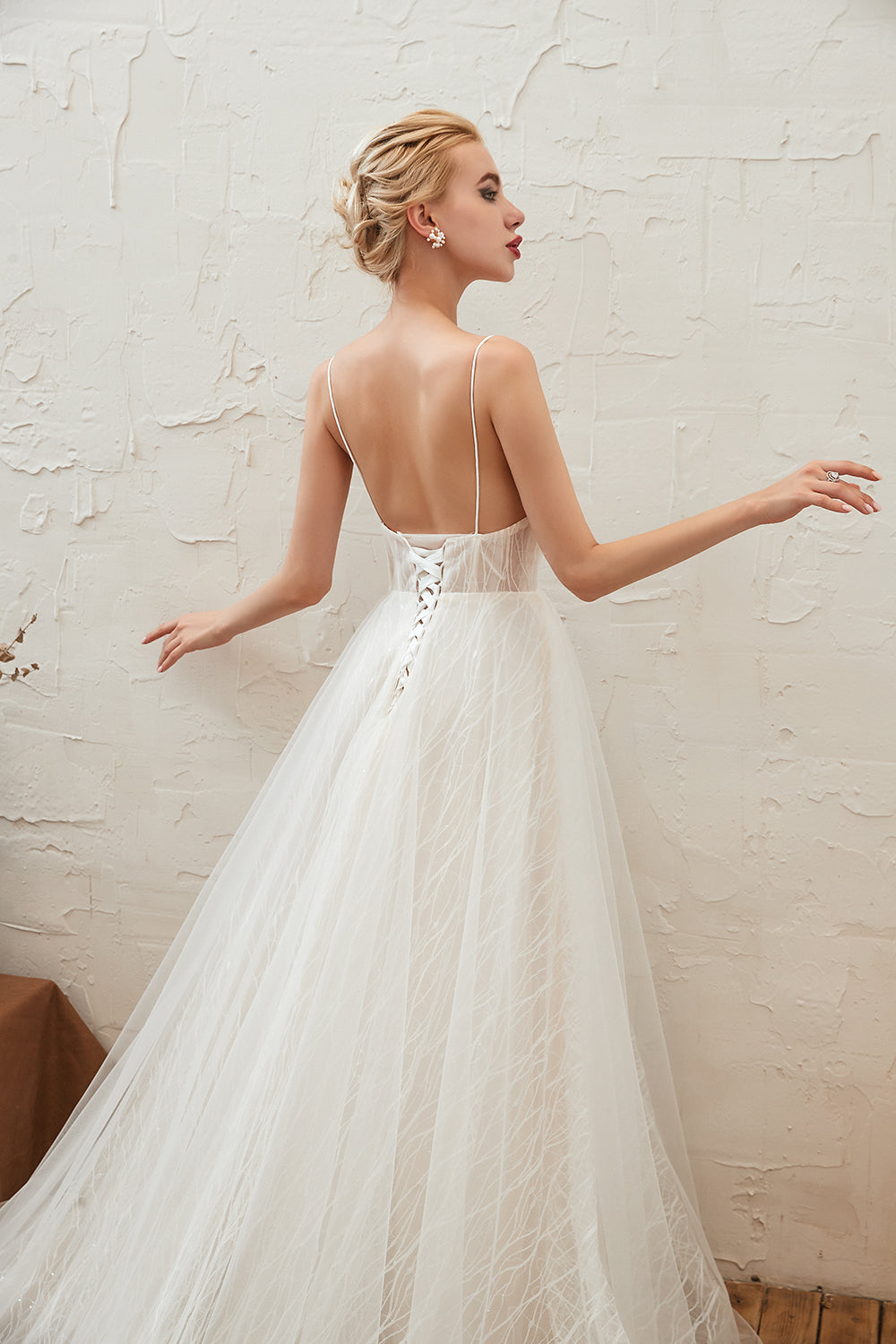 Classy A-Line Long V-neck Floor Length Lace Tulle Open Back Wedding Dress