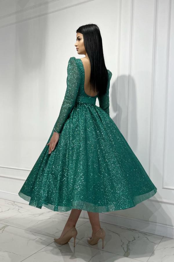 Long Sleeve Crew Neck A Line Tulle Sequin Party Dress