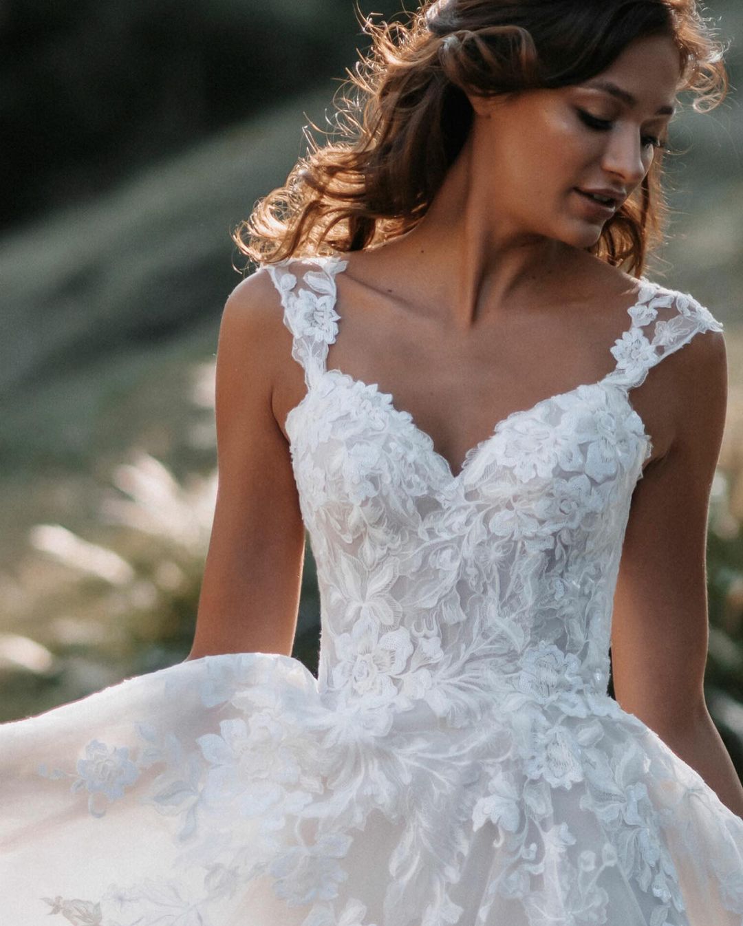 Long A-line V-neck Tulle Backless Wedding Dress with Lace
