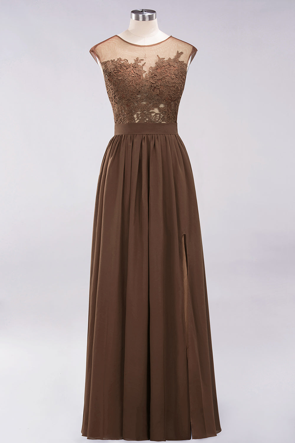 A-line Chiffon Lace Jewel Sleeveless Floor Length Bridesmaid Dresses with Appliques