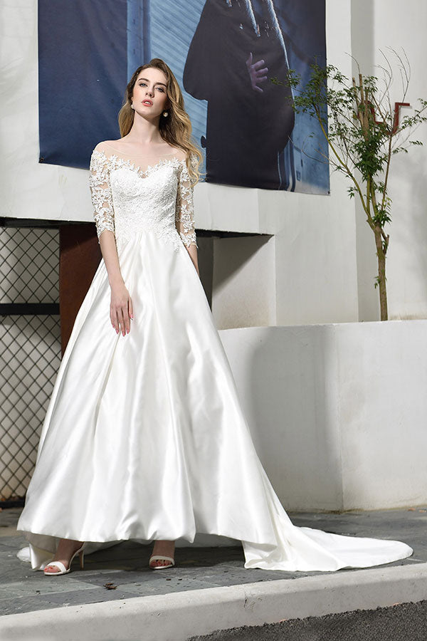 Elegant Long Lace-up A-Line Applique Satin Wedding Dress