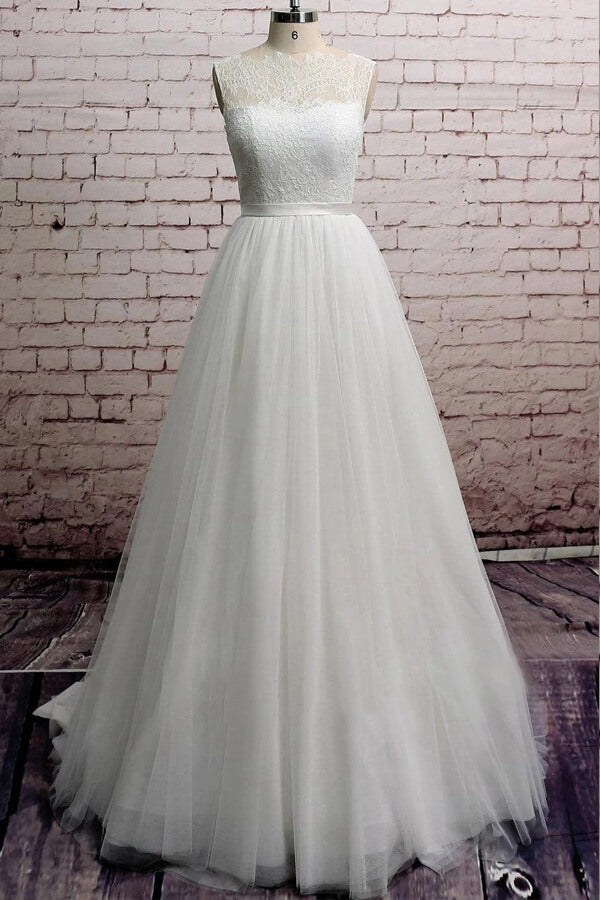 Long A-line Illusion Lace Tulle Chapel Train Backless Wedding Dress
