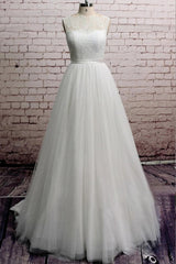 Long A-line Illusion Lace Tulle Chapel Train Backless Wedding Dress