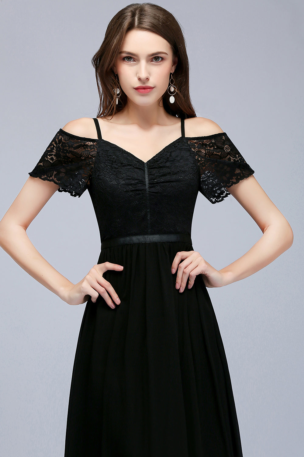 A-line Chiffon Lace V-Neck Off the Shoulder Sleeveless Floor Length Bridesmaid Dresses