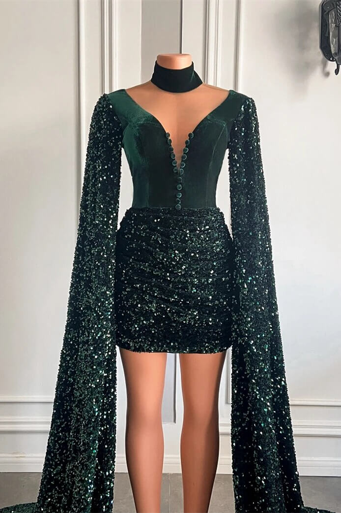 Unique Sequined Long Sleeve Mermaid Dark Green Short Party Dress