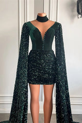 Unique Sequined Long Sleeve Mermaid Dark Green Short Party Dress