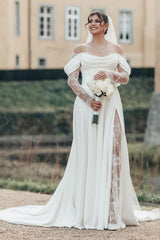 Long Off The Shoulder Split Front A-Line White Wedding Dress with Ruffles