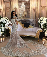 High Neck Long Sleeve Silver Lace Mermaid Luxury Long Wedding Dresses