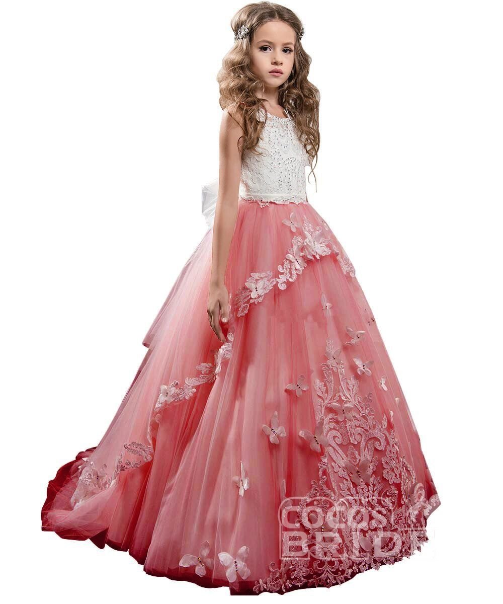 Long Tulle Lace Scoop Neck Sleeveless Ball Gown Flower Girl Dress