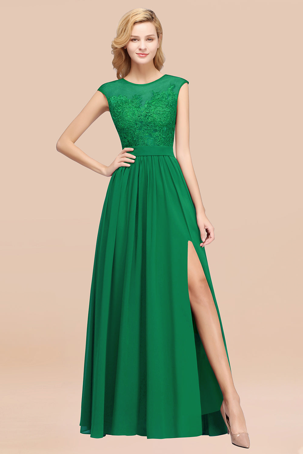 A-line Chiffon Lace Jewel Sleeveless Floor Length Bridesmaid Dresses with Appliques