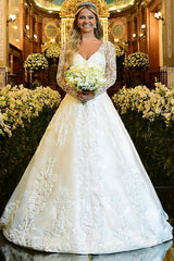 Elegant Long Sleeves A-line V-neck Satin Floral Lace Wedding Dress