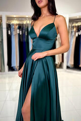 Simple Long A-line V-neck Backless Satin Prom Dresses with Slit