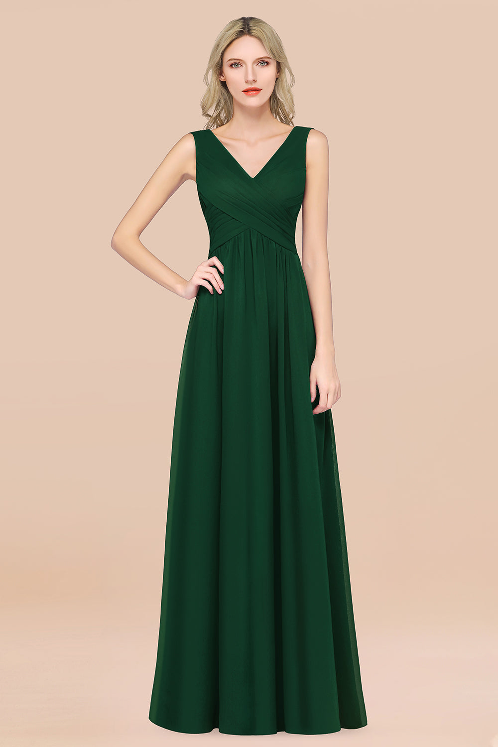 A-Line Chiffon Straps V-Neck Sleeveless Floor Length Bridesmaid Dress with Ruffles