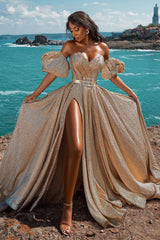 Glitter Long A-line Sweetheart Sequined Formal Prom Dress with Slit