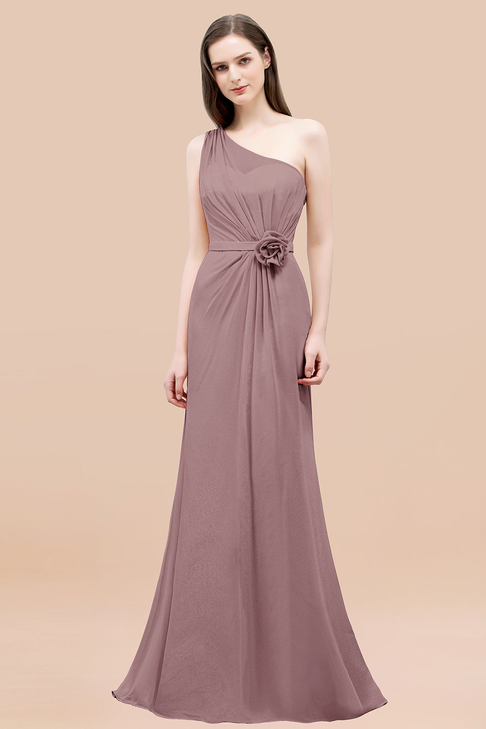 Mermaid Chiffon One Shoulder Sleeveless Ruffled Floor Length Bridesmaid Dresses with Flower