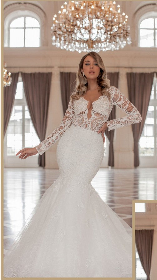 Gorgeous Long Mermaid Sweetheart Tulle Lace Wedding Dresses with Sleeves