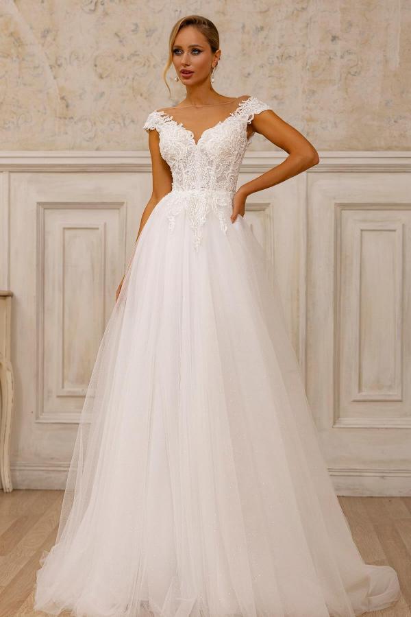 Long A-line V-Neck Off the Shoulder Floor Length Lace Tulle Wedding Dresses
