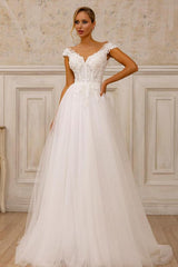 Long A-line V-Neck Off the Shoulder Floor Length Lace Tulle Wedding Dresses