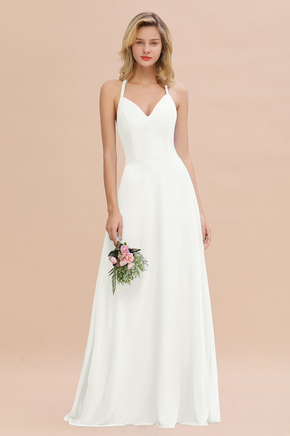 Stylish Chiffon Spaghetti Straps Sleeveless Long Bridesmaid Dress