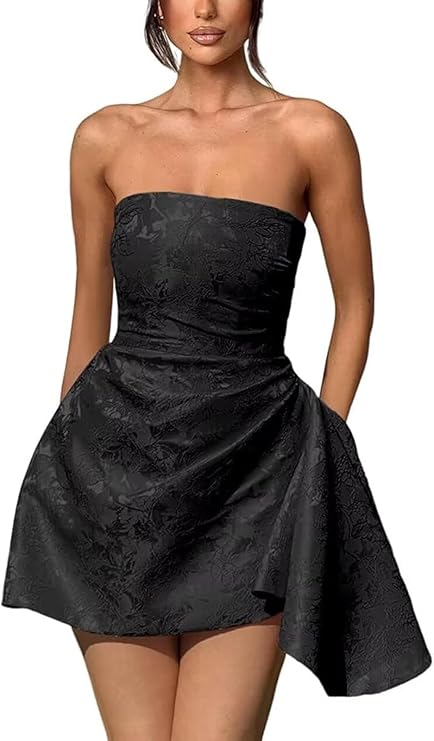 A-line Strapless Jacquard Satin Asymmetrical Lace up Sleeveless Short Homecoming Dress