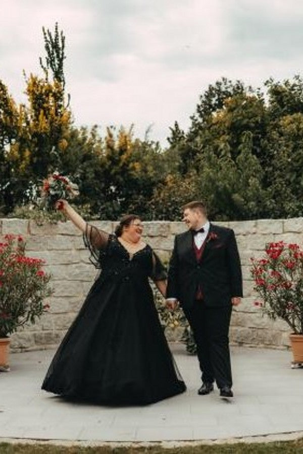 Simple Black V-neck Half Sleeves Plus Size A-line Wedding Dresses