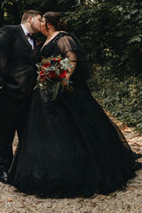 Simple Black V-neck Half Sleeves Plus Size A-line Wedding Dresses