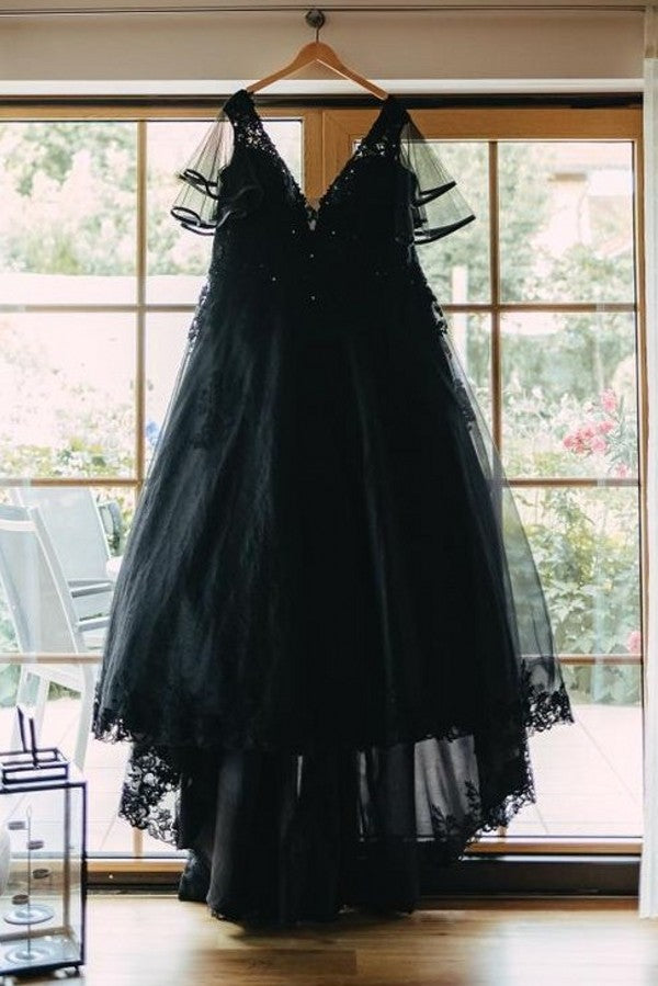 Simple Black V-neck Half Sleeves Plus Size A-line Wedding Dresses