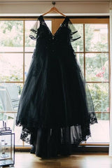 Simple Black V-neck Half Sleeves Plus Size A-line Wedding Dresses