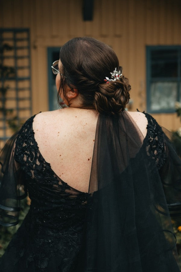 Simple Black V-neck Half Sleeves Plus Size A-line Wedding Dresses