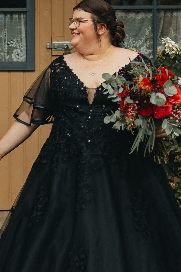 Simple Black V-neck Half Sleeves Plus Size A-line Wedding Dresses