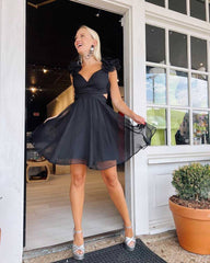 V-Neck Sky Blue Short Chiffon A-Line Party Dress