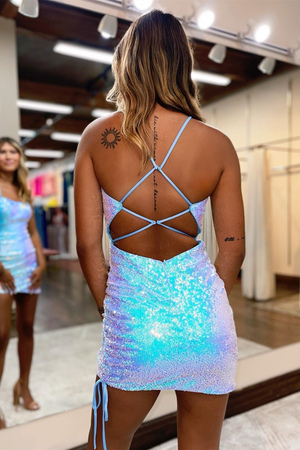Short Sequins Lace-Up Mermaid Open Back Homecoming Dress
