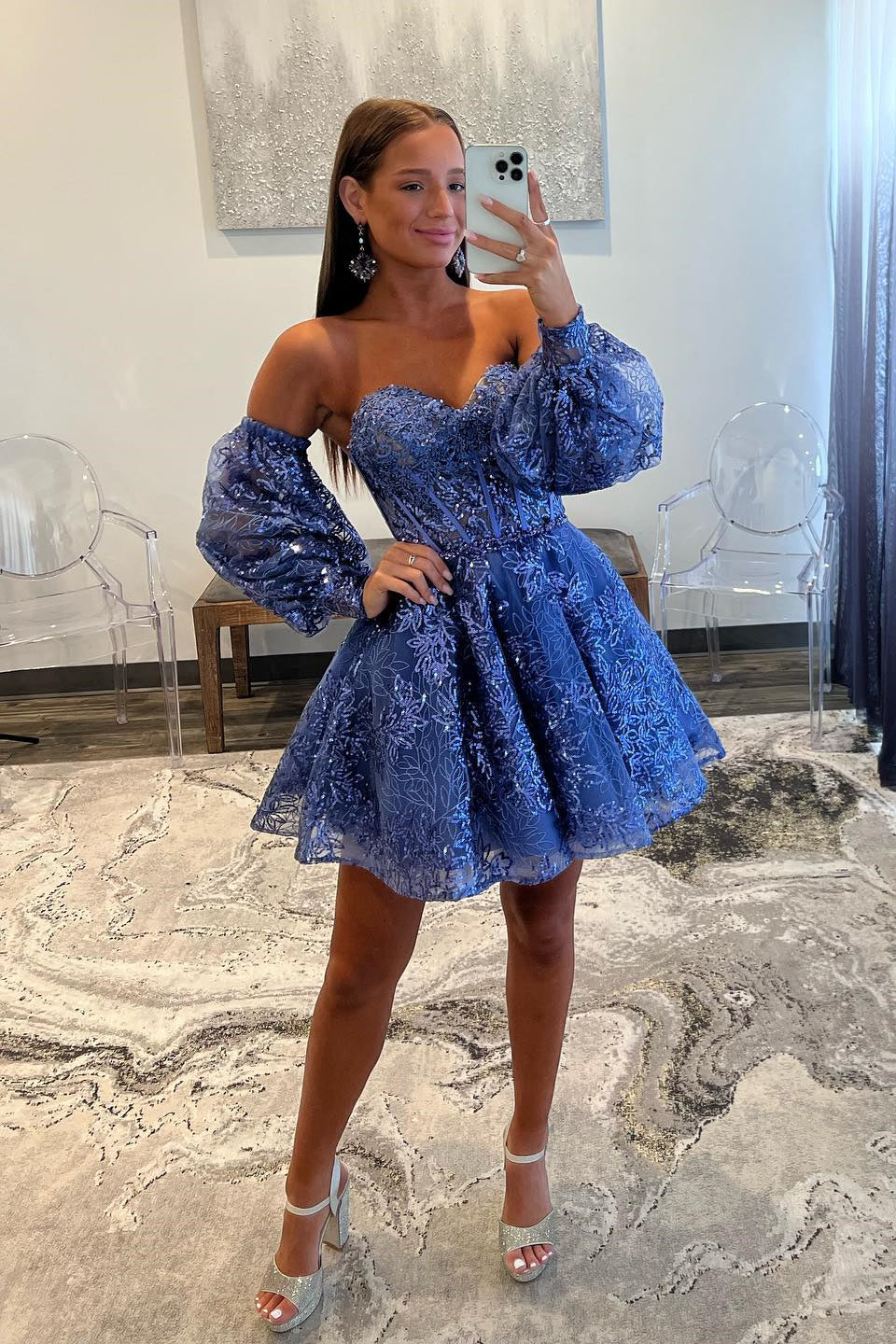 Short A-line Strapless Sequin Homecoming Dress with Detachable Sleeves