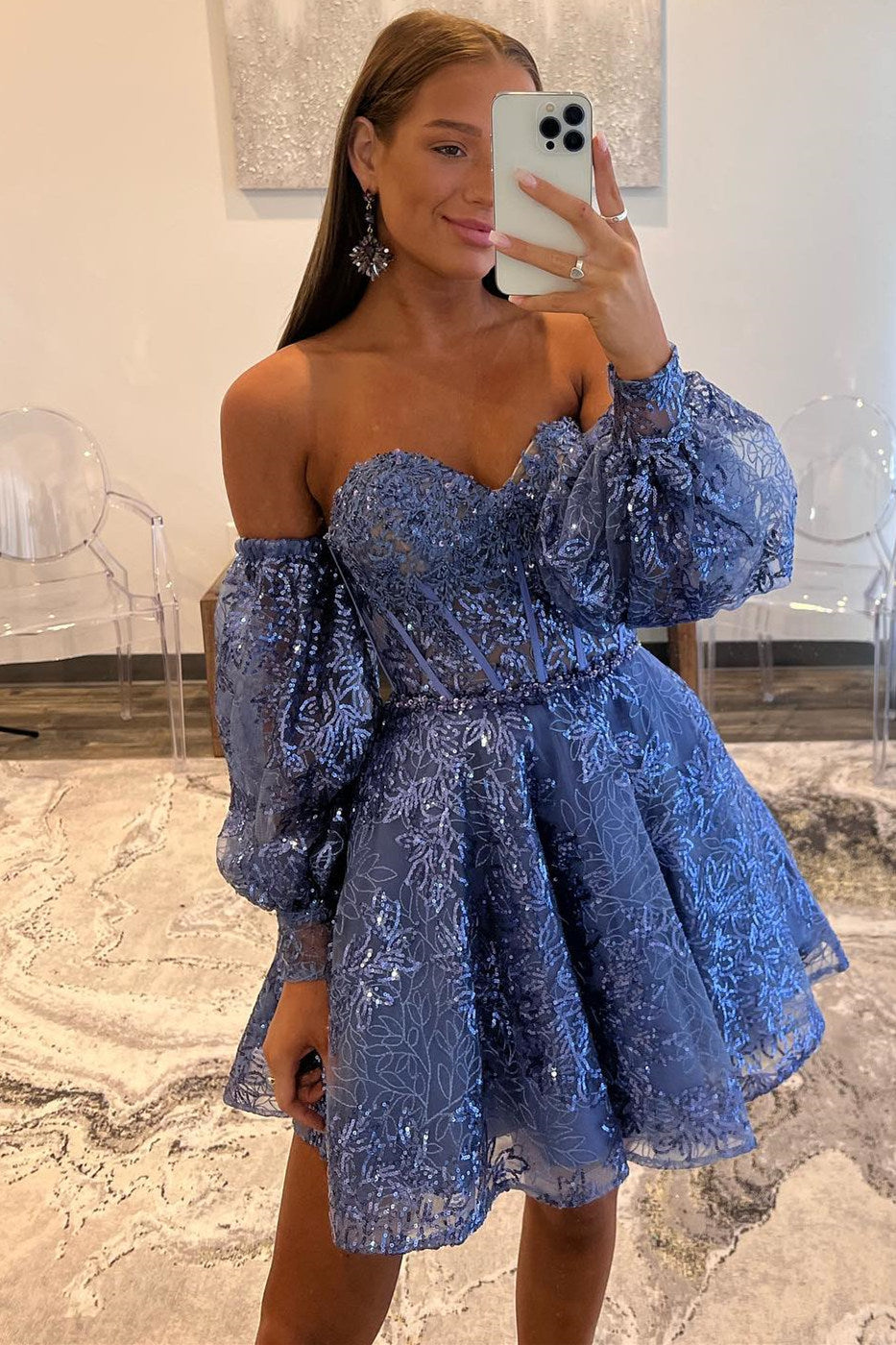Short A-line Strapless Sequin Homecoming Dress with Detachable Sleeves