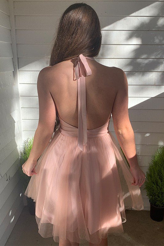 A-line V-Neck Tulle Short Open Back Homecoming Dress